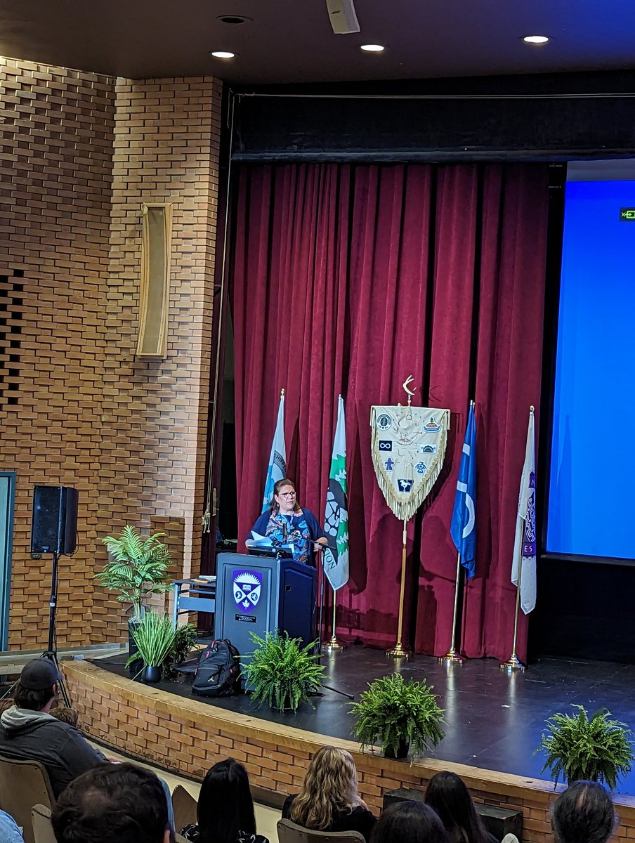 Vice president of Indigenous Initiatives @WesternU @westernuOII Christy Bressette introducing Western's Head and Heart Indigenous fellows at the opening of #ReconciliationForum2023. Some day soon I hope to see @LDCSB Grand Confederacy Council students on this stage.