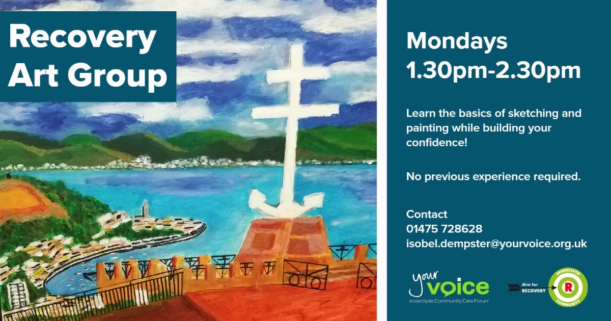 Recovery Hub have started a new Art Group every Monday from 1.30 - 2.30pm! Get in touch if you're interested in getting involved 🙂

For more info contact isobel.dempster@yourvoice.org.uk or 01475 728628 ❤️

#recovery #art #recoveryhub #peergroup #artclass #greenock #inverclyde