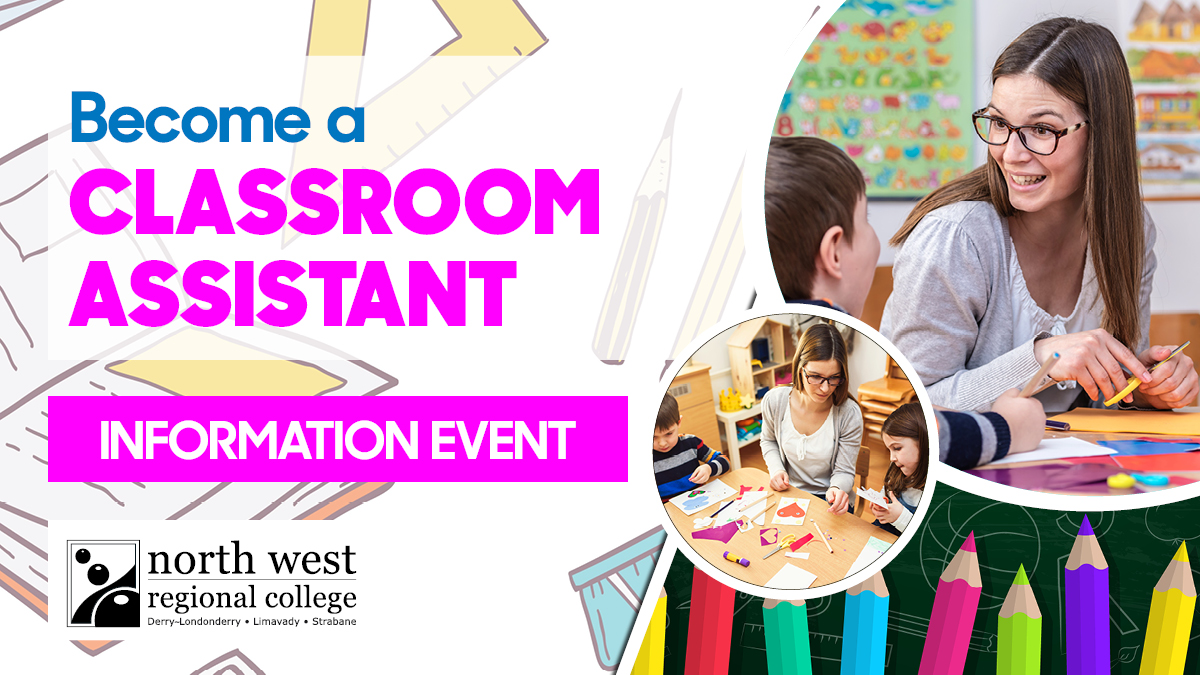 nwrc_college's tweet photo. Ever considered becoming a classroom assistant? Children's Care, Learning &amp; Development (Level 3 Diploma) available in 3 campuses and we have information sessions tomorrow-Tuesday 27th June
⬇️
LIMAVADY 2-3pm room D7
STRAND RD 12pm -1pm Tower room C514
STRABANE 10-11am room SH218 https://t.co/u6nUfQHOVB