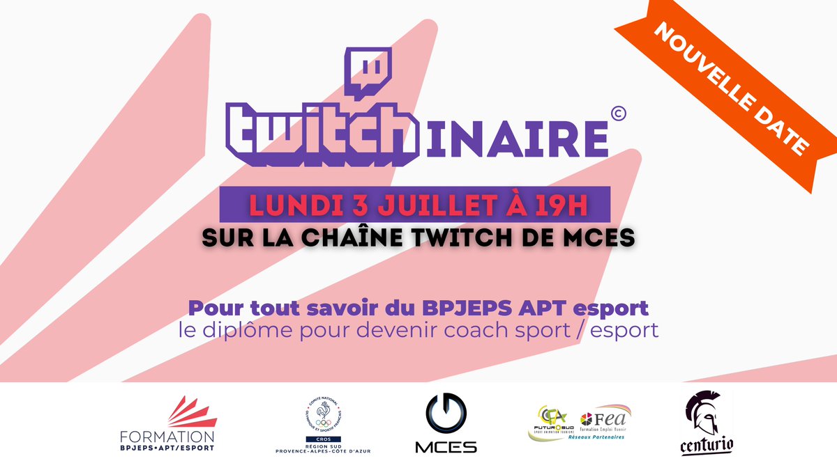 𝙉𝙊𝙐𝙑𝙀𝙇𝙇𝙀 𝘿𝘼𝙏𝙀  🚨

Le Twitchinaire sur le #BPJEPS APT esport aura finalement lieu la semaine prochaine : 𝗹𝘂𝗻𝗱𝗶 𝟯 𝗷𝘂𝗶𝗹𝗹𝗲𝘁 𝗮̀ 𝟭𝟵𝗵

📺 Canal Twitch <a href="/MCES_officiel/">MCES Officiel</a> 

Pour s'inscrire et recevoir un rappel :
forms.gle/dmDjFKyZtnc5ZL…