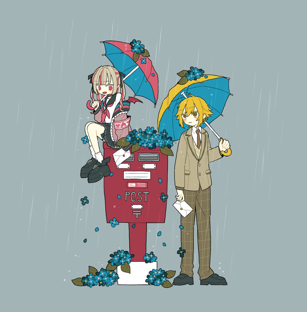makaino ririmu 1girl umbrella 1boy holding holding umbrella flower jacket  illustration images