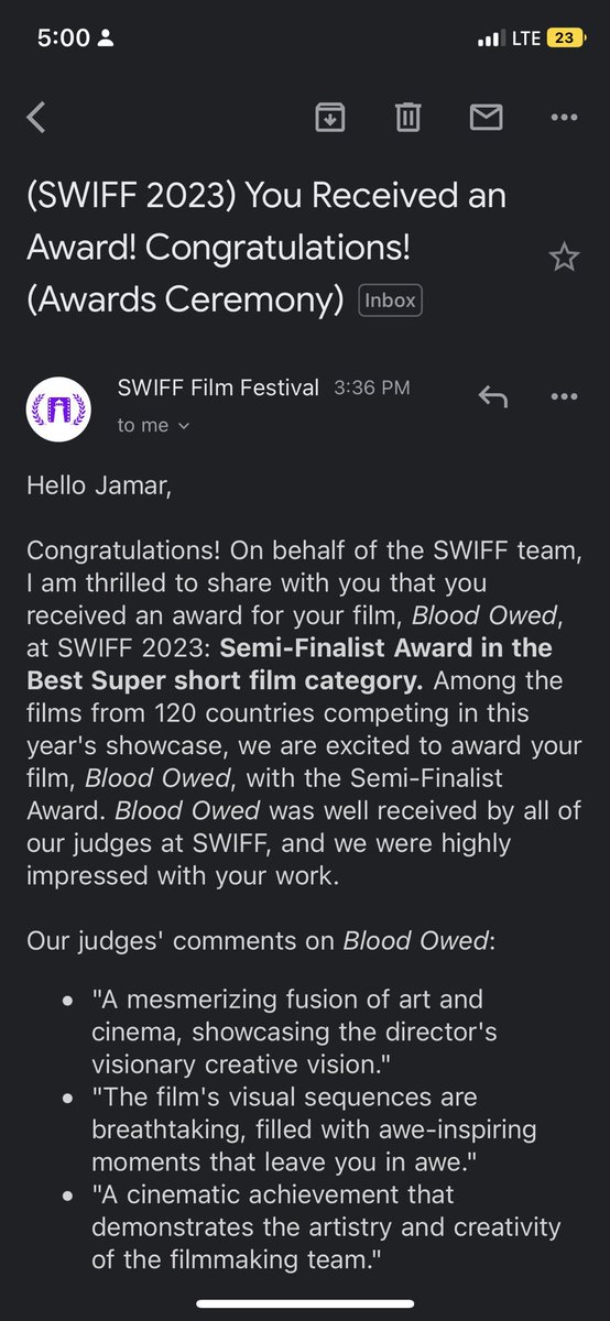 So update on the film festival. My film got to the SEMIFINALS fam !