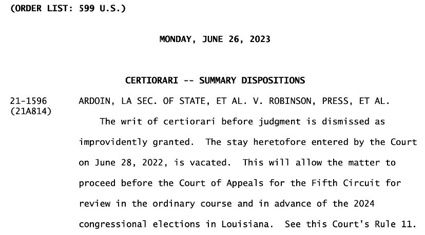 In light of Alabama redistricting decision, Supreme Court dismisses Louisiana case today, sending it back to Fifth Circuit, possibly paving the way to creation of a second Black Congressional District. #LALege #LAGov