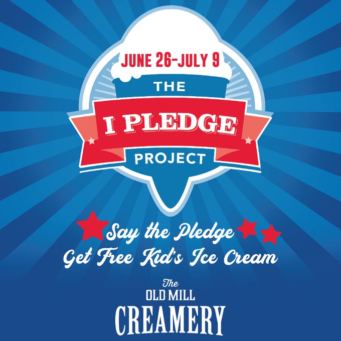 leconte_nirvana's tweet photo. The  Old Mill is honored to participate with ice cream shops all over  American with the I Pledge Project. When you visit us during June 26 —  July 9, and you're a kid 12 years old or younger and recite the Pledge  of Allegiance, you get a free ice cream! https://t.co/D56mMhEOeS