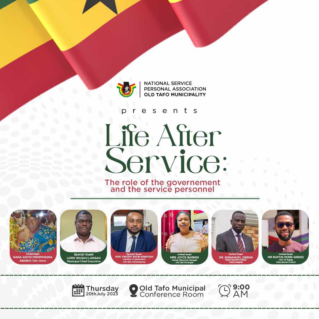 Make a date with me and all invited guests on 20th July, 2023 at Old Tafo Municipal Conference Room. Let’s have a strategic conversation on “Life After Service”, The Role of the Government and the Service Personnel. 

Thank you Mr. President.@ObiriyeboahOB and all NASPA…