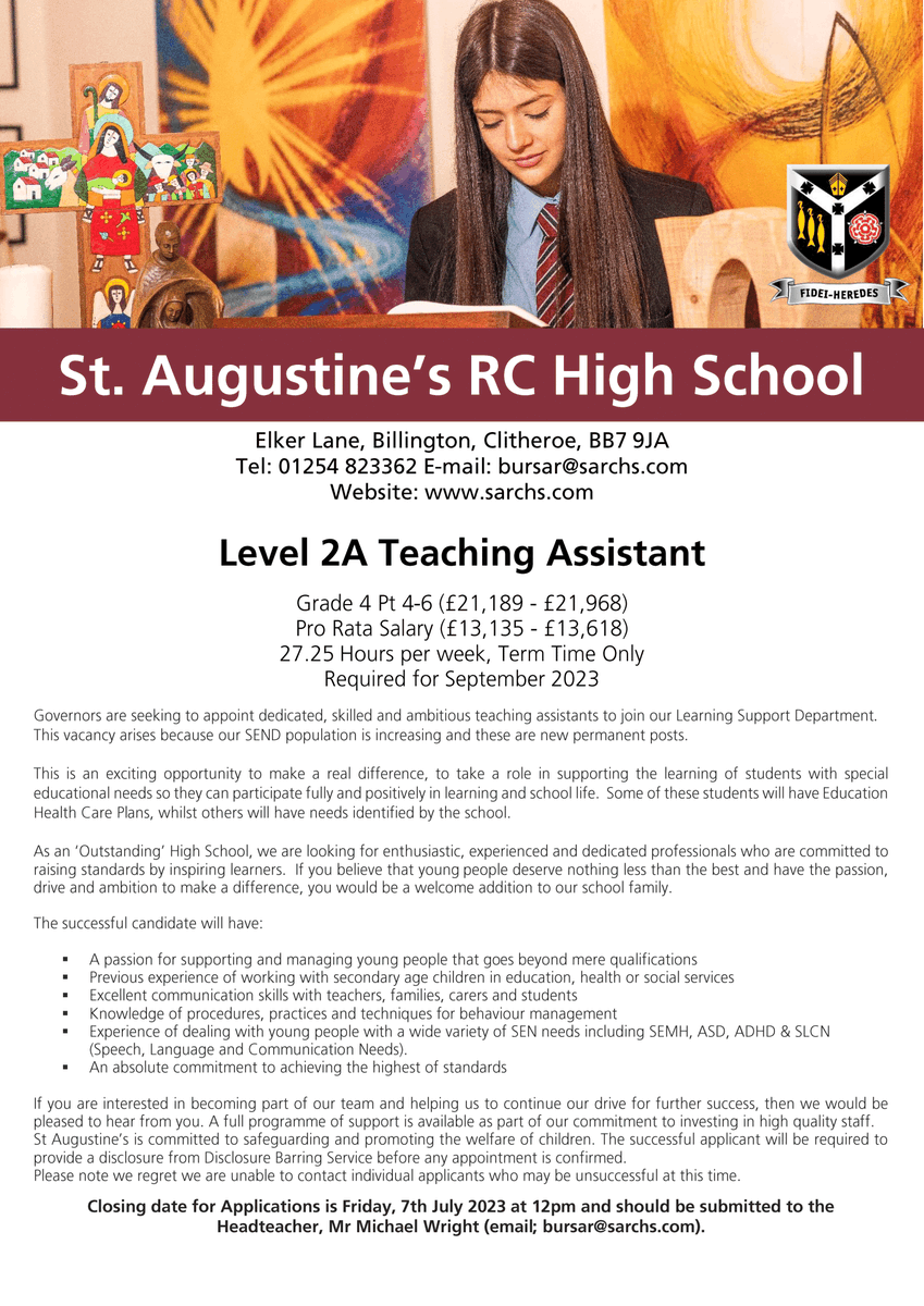 SARCHSofficial's tweet photo. ❗️Vacancy❗️
Governors are seeking to appoint an enthusiastic, highly motivated
Teaching Assistant, to join our thriving Catholic school community. 
More details: https://t.co/LGObYmn08e
Closing date - Friday, 7th July 2023 at 12.00pm https://t.co/u6yvB7ci6Y