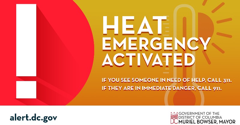 MayorBowser's tweet photo. A Heat Emergency will be activated on Monday, June 26 at 1PM and will remain activated until conditions improve.

Please stay cool and check on seniors and neighbors.

If you see someone in need contact: 
📞Shelter Hotline: 202-399-7093 or 311 
📞911 for an immediate safety risk