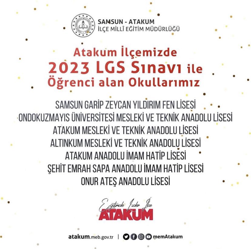 📢Atakum İlçemizde 2023 LGS ile Öğrenci Alan Okullarımız🏫
<a href="/irfanyetik55/">Mehmet İrfan YETİK</a> <a href="/MemAtakum/">Atakum İlçe Milli Eğitim Müdürlüğü</a>