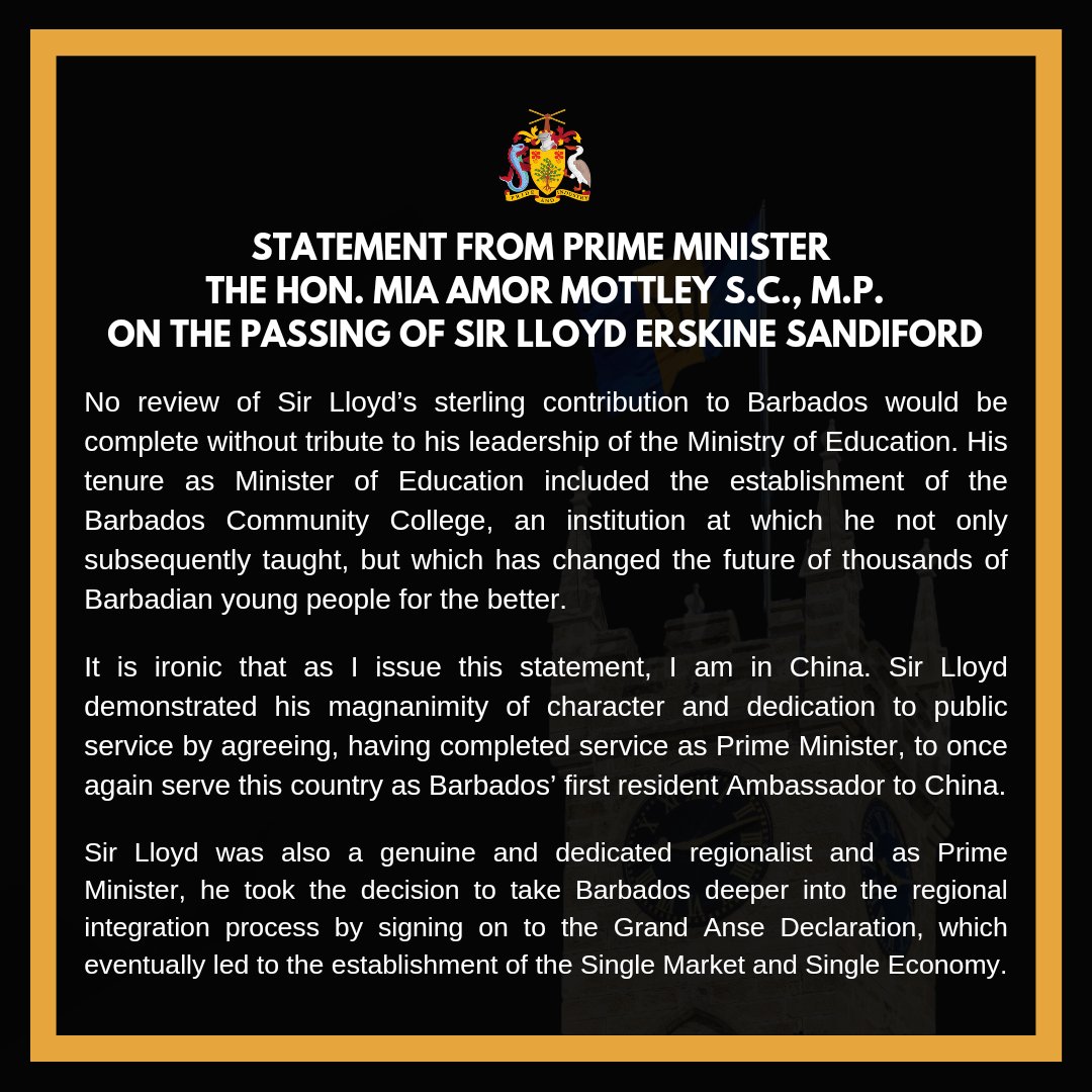 miaamormottley's tweet image. Statement From Prime Minister The Honourable Mia Amor Mottley On The Passing Of Sir Lloyd Erskine Sandiford.