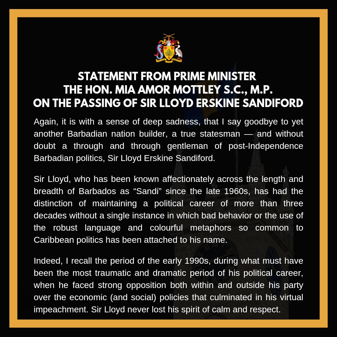 miaamormottley's tweet image. Statement From Prime Minister The Honourable Mia Amor Mottley On The Passing Of Sir Lloyd Erskine Sandiford.