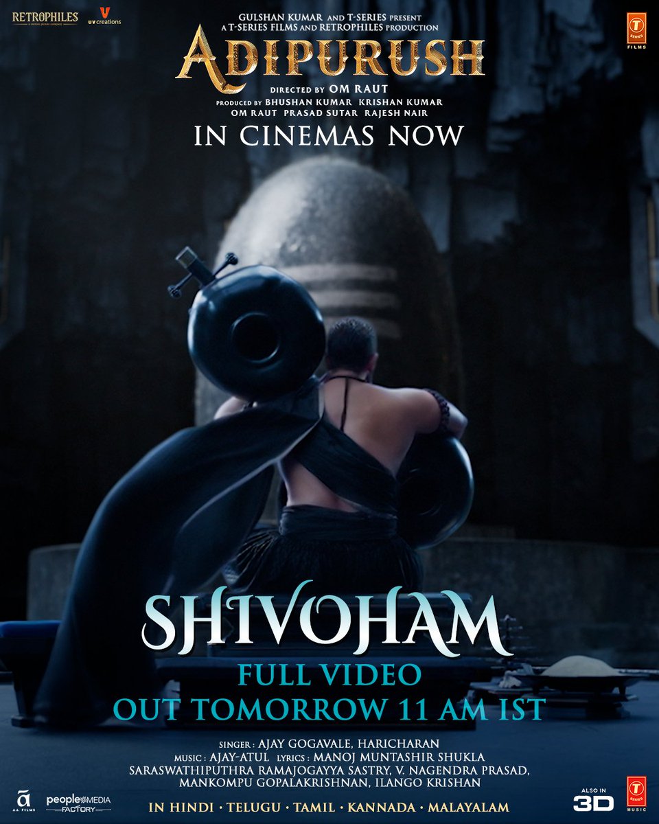Let the divine power of #Shivoham uplift your spirits and immerse you in a realm of devotion 🏹 Full video out tomorrow at 11 AM! #JaiShriRam 🙏 Book your tickets now: bookmy.show/Adipurush #Adipurush in cinemas near you ✨ #Prabhas @omraut #SaifAliKhan @kritisanon…