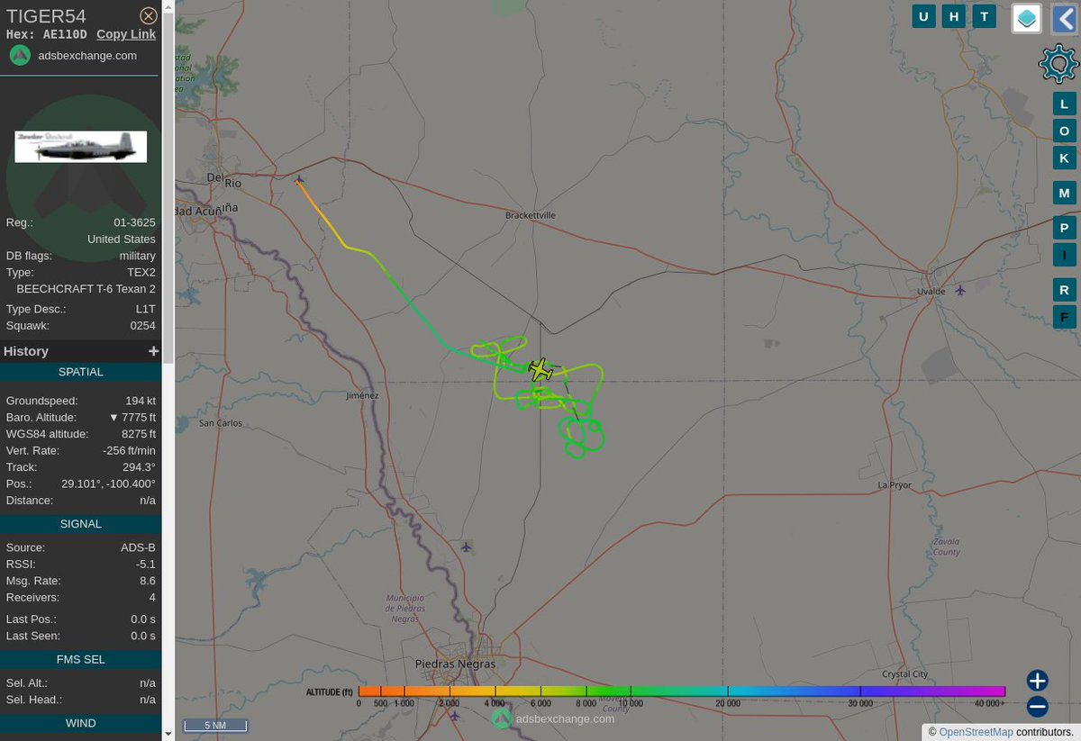 MULTI ADSBX MANOEUVRING ALERT : At time Mon Jun 26 15:53:56 2023 #TIGER54  was likely to be manoeuvring at FL112 24nm from CPZ Chaparrosa_Ranch_NDB_US
 near Maverick County, Texas, United States #AvGeek #ADSB globe.adsbexchange.com/?icao=AE110D&z…