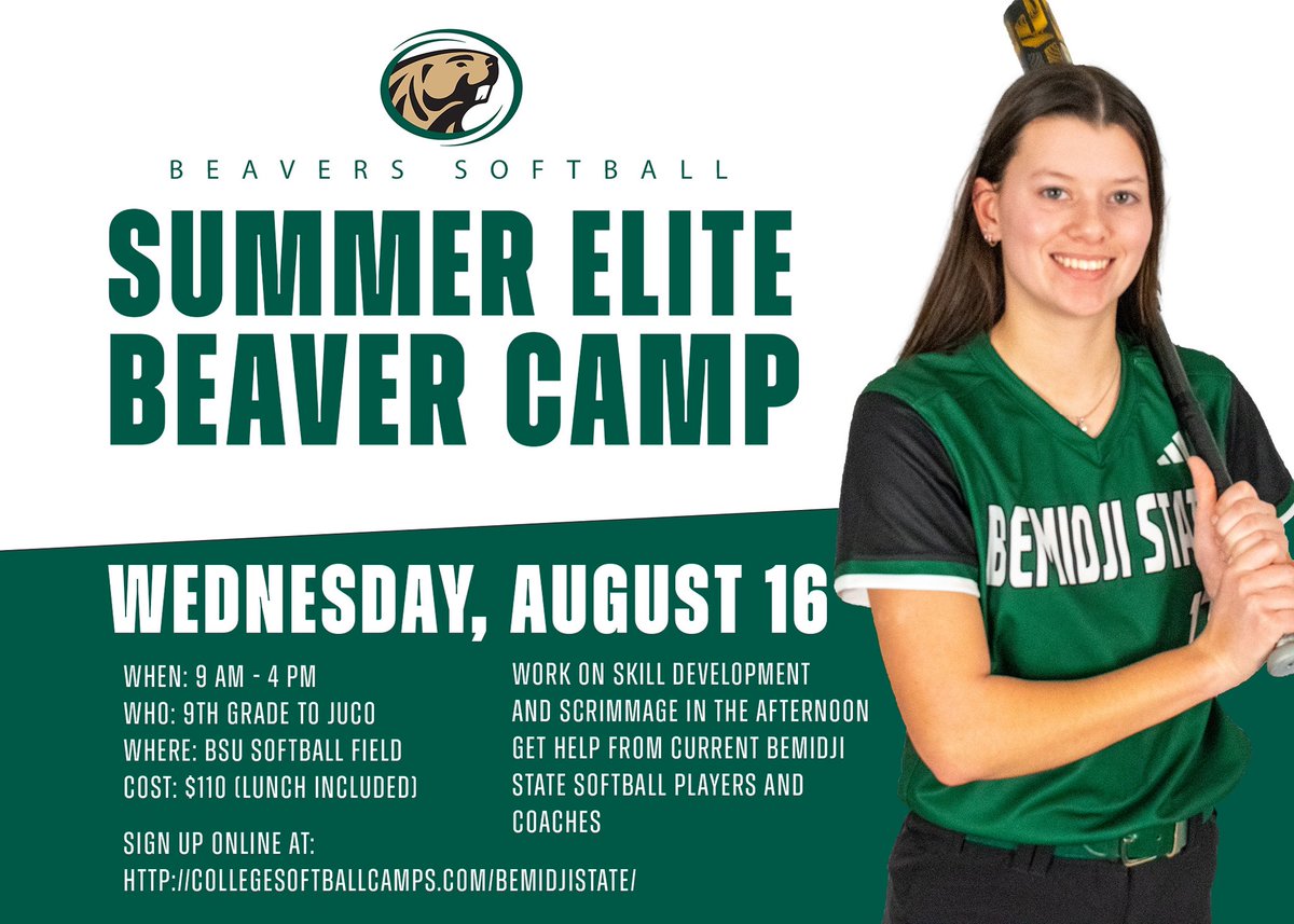 2023 Summer Camp! Come learn and show us your skills! Cant wait to see you there!

sign up here: collegesoftballcamps.com/bemidjistate/
