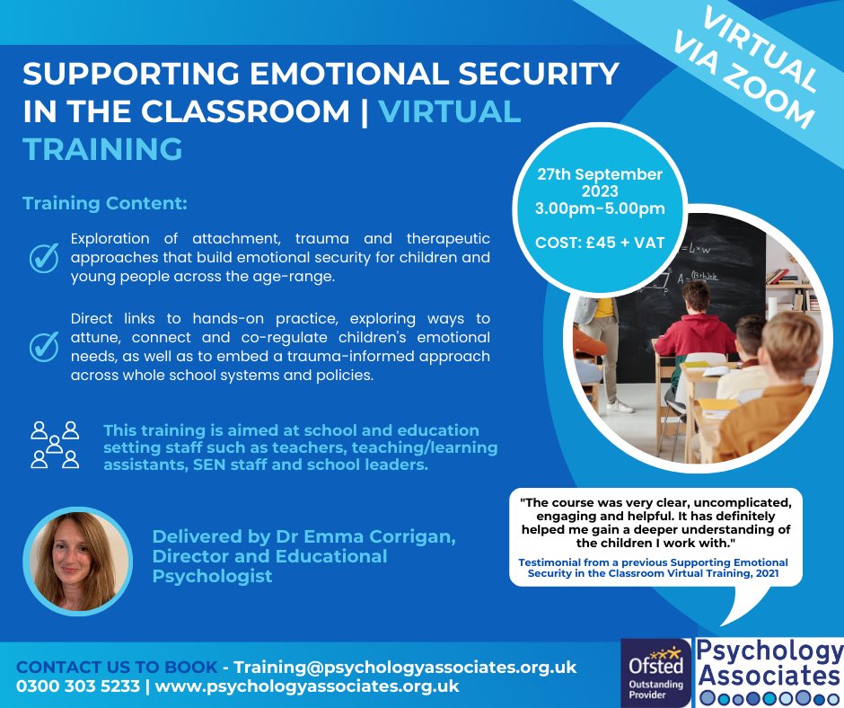 Join us for this #virtualtraining to learn more about #attachment, #trauma and therapeutic approaches that help build emotional security in the #classroom, across the age-range. 

Secure your place here - psychologyassociates.org.uk/events/support…
￼#mentalhealth