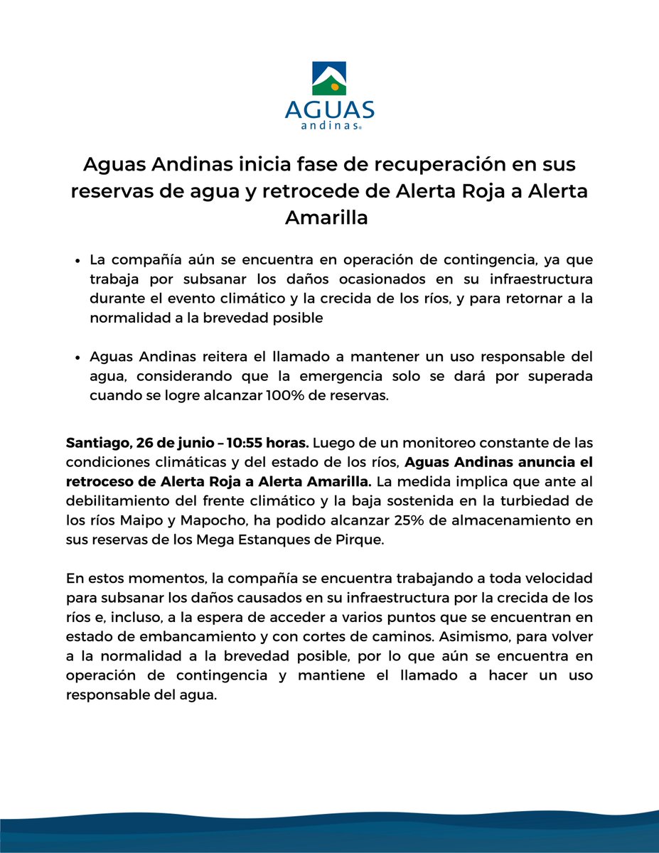 aguas_andinas's tweet photo. ➡️ Luego de un monitoreo constante de las condiciones climáticas y del estado de los ríos, Aguas Andinas anuncia el retroceso de Alerta Roja a Alerta Amarilla.

Más info ⬇️ https://t.co/BDDV71Z8Zs
