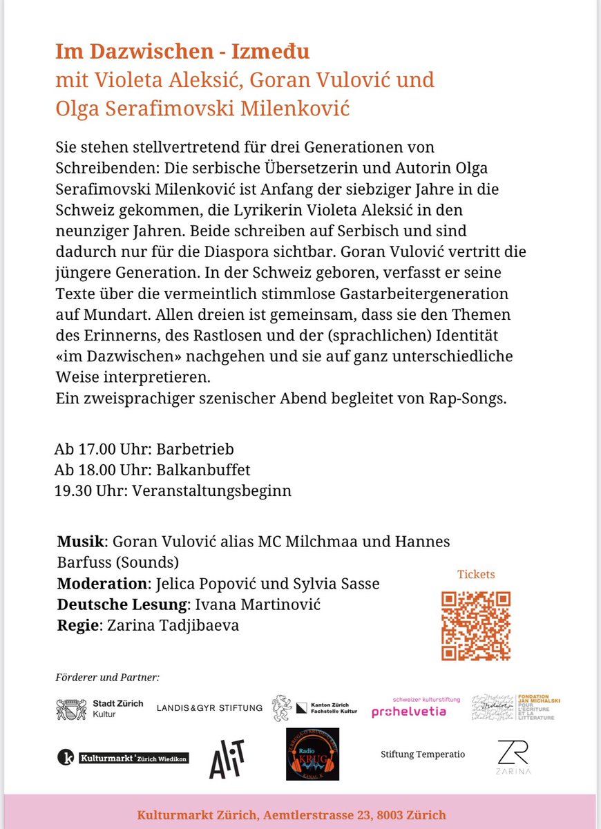 Morgen trete ich zusammen mit Hannes Barfuss live im Kulturmarkt Zürich auf.
Vorab gibt es noch eine spannende Gesprächsrunde mit sehr interessanten Persönlichkeiten.
Wir würden uns sehr über ein zahlreiches Publikum feuen.
❤️

<a href="/LoorenHouse/">Translation House Looren</a>