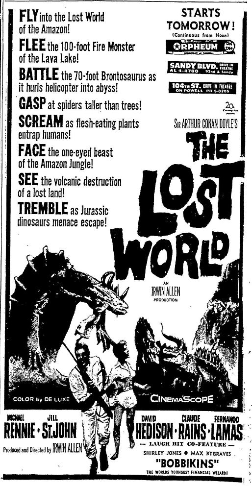 This is a collection of media from the initial releases of 'The Lost World' (1960) in the Pacific Northwest.

#ClassicMonsters #IrwinAllen #MichaelRennie #DavidHedison #ClaudeRains #20thCenturyFox #misleading #otherwiseillegal #misinformation 

mortado.com/index.php/hist…