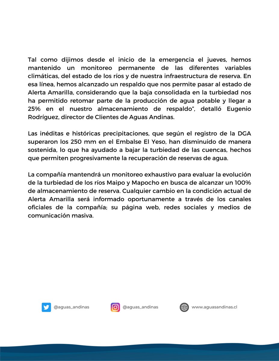 ➡️ Luego de un monitoreo constante de las condiciones climáticas y del estado de los ríos, Aguas Andinas anuncia el retroceso de Alerta Roja a Alerta Amarilla.

Más info ⬇️