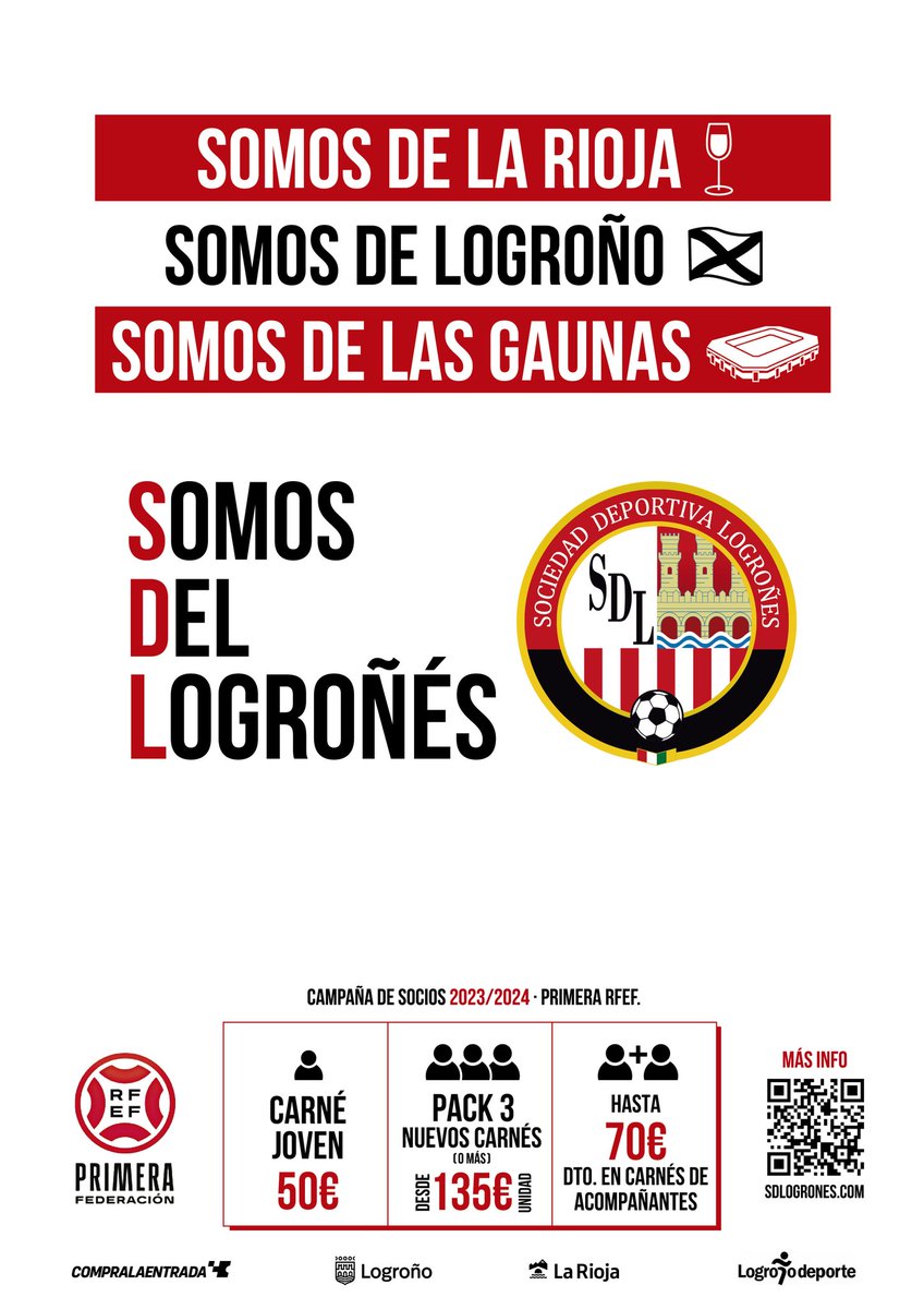 CAMPAÑA | 🇦🇹

Somos de La Rioja
Somos de Logroño.
Somos de Las Gaunas.

SOMOS DEL LOGROÑÉS. 🤍♥️

¡Os presentamos nuestra campaña de socios para la próxima temporada!

Toda la información:

ℹ️ sdlogrones.com/?p=20293

#SomosDelLogroñés