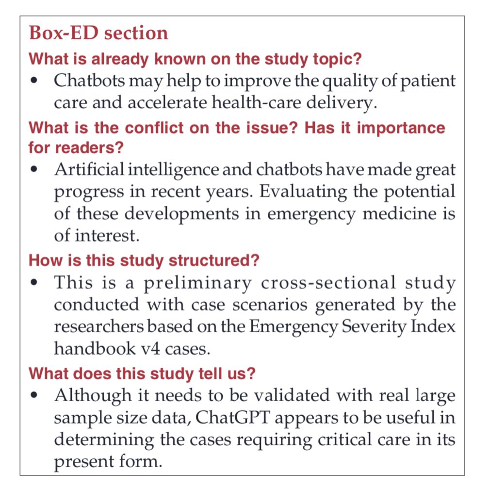 Our article on the use of #ChatGPT in Emergency Triage has been published in the <a href="/TurkJEmergMed/">Turk J Emerg Med</a>!🤩

We found that ChatGPT was successful in identifying patients with high triage scores in case scenarios. <a href="/emollick/">Ethan Mollick</a> @keithgrimes <a href="/sama/">Sam Altman</a> <a href="/OpenAI/">OpenAI</a> <a href="/anoizet/">Aline Noizet</a> @EuropSocEM