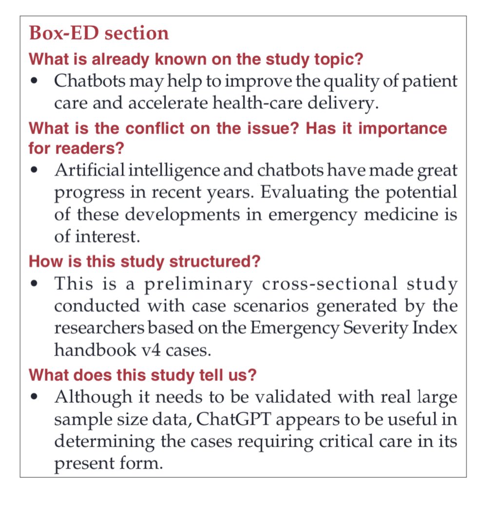 Our article on the use of #ChatGPT in Emergency Triage has been published in the @TurkJEmergMed!🤩

We found that ChatGPT was successful in identifying patients with high triage scores in case scenarios. @emollick @keithgrimes @sama @OpenAI @anoizet @EuropSocEM