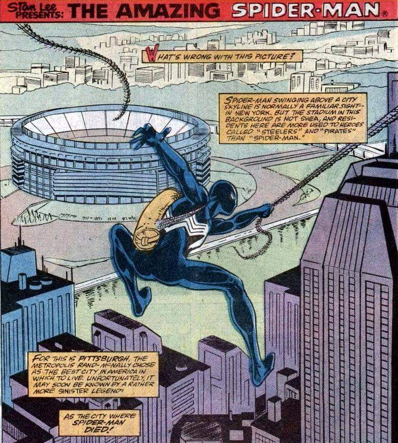 OddPittsburgh's tweet photo. Spider-man visited the 'Burgh in September of 1987. This is from "The Amazing Spider-Man Issue 292".

#Pittsburgh #Spiderman https://t.co/5ySPOShebp