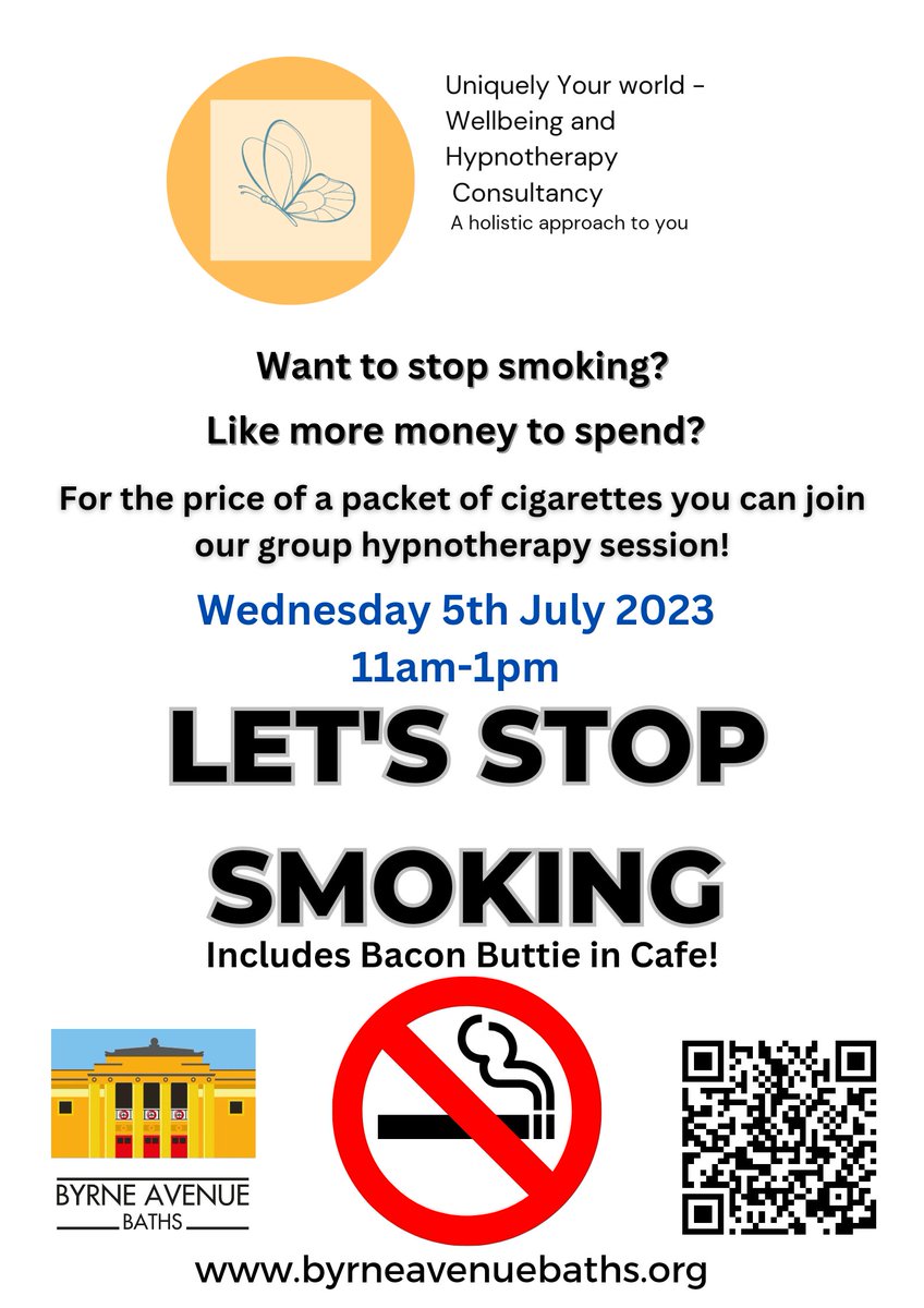 Do you want to stop smoking but need some help? Book onto our Hypnotherapy session. Less than the cost of a packet of fags for this group session. Bacon butty included. byrneavenuebaths.org/stop-smoking-l…