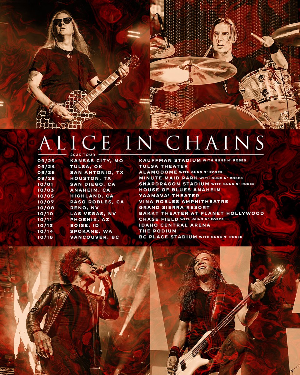 AliceInChains's tweet photo. We’re excited to add some special headline dates while we’re out with @GunsNRoses this fall. Tickets go on sale Thursday, June 29, at 10AM local time. We look forward to seeing you all. https://t.co/cC4n03gxRy https://t.co/pmx8RBWLFB