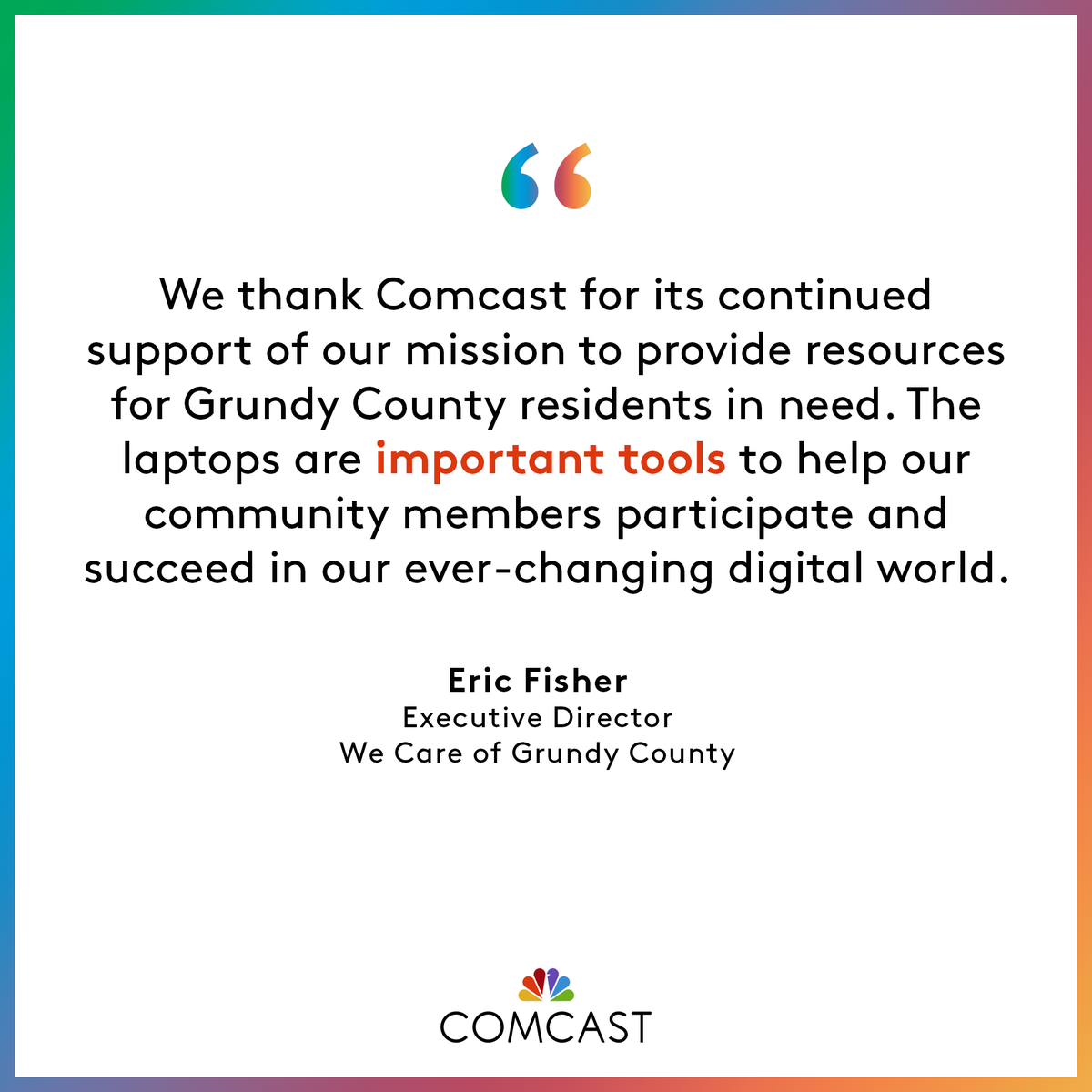 We thank We Care Grundy County for their partnership because, together, we can build a future of digital equity. 🤝 <a href="/GrundyCoIL/">We Care</a> 

Read more about our recent donation of 5️⃣ 0️⃣ laptops to #GrundyCounty 
👉 comca.st/3pmvg22