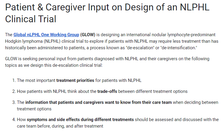 glow_nlphl's tweet photo. Calling all patients with NLPHL &amp; their caregivers: we are seeking your input on an NLPHL clinical trial that we are developing at @glow_nlphl. More details on the virtual focus groups (dates 7/8, 7/11, 7/13) and sign up form are here: https://t.co/9oApdESo5T #lymsm #NLPHLsm https://t.co/eTS8jZQIOF