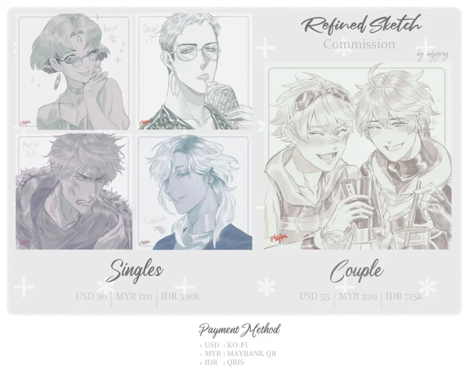Hello~ I'm opening some sketch commissions bcs I need some additional savings. 😆  I'm open for 3 different currencies lol USD Form: https://ko-fi.com/ahjojing/commissions MYR/IDR Form: https://forms.gle/5BXxp3GRwRqYkrbL8 RTs are greatly appreciated, thank you!!! ❤️