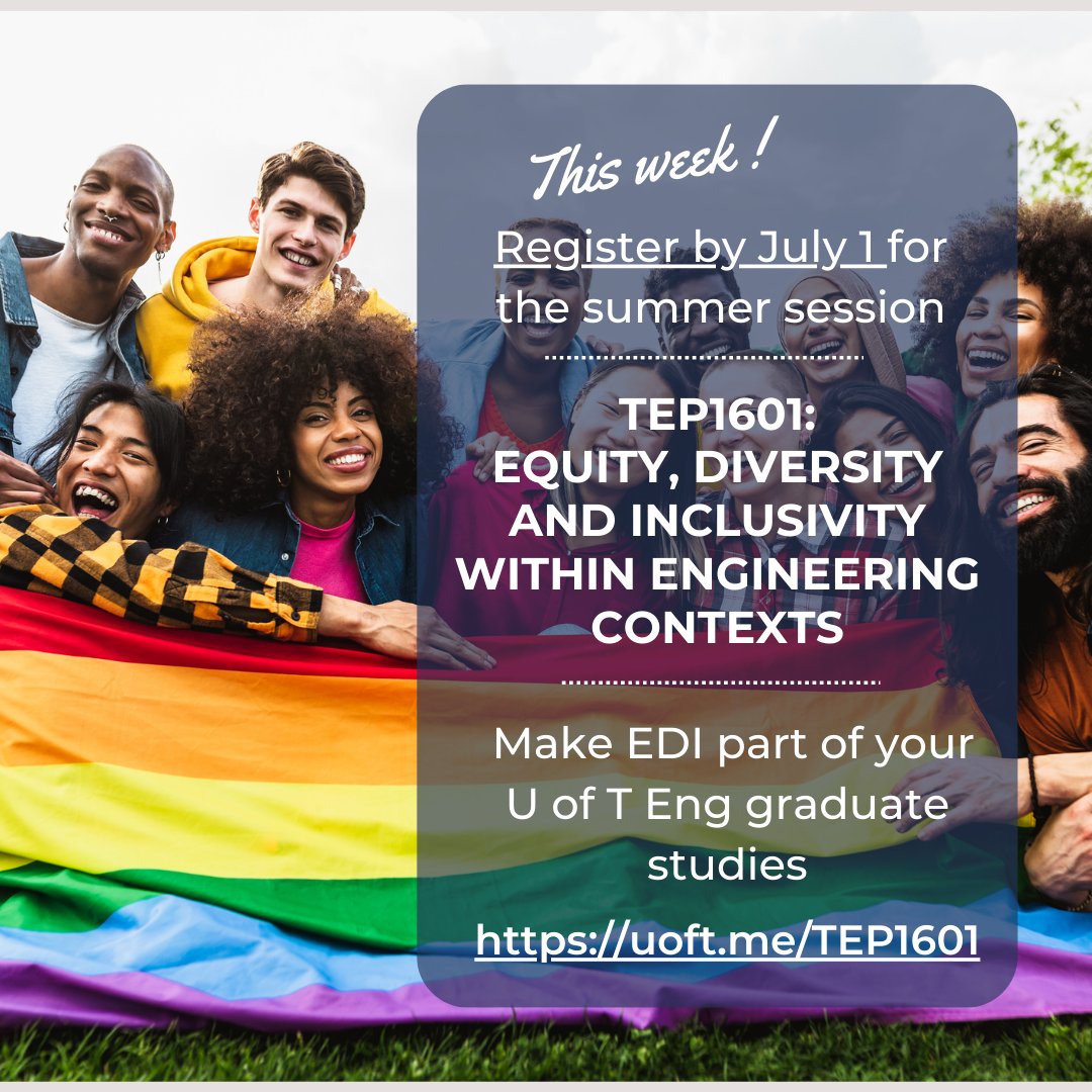 🧱Build your skills with "TEP1601: EDI in Engineering Contexts"  ⌛️FINAL week of registration July 1 (course starts July 10).  💯👍 
Full story on course page uoft.me/TEP1601
#EDI_engineering_uoft