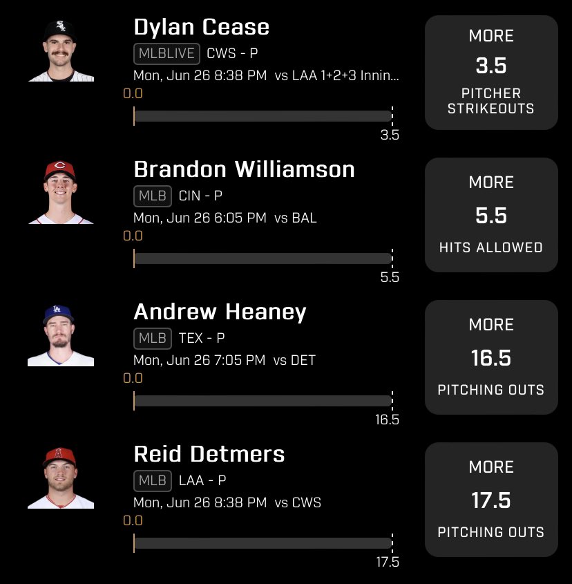 PrizePicks MLB
Fav 2 are Heaney and Cease and don’t take williamson 

#bettingtwitter #gamblingtwitter #playerprops #UnderdogFantasy #prizepickslocks #prizepicks #mlb #dfs