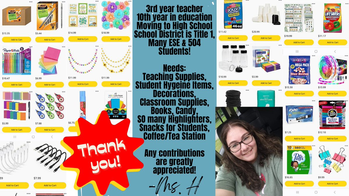 LifeWithMrsH's tweet image. Hello community members! It's that time of the year- I've made my back to school #wishlist!
-3rd yr moving from 4th to 9th
-Student Needs: many supplies, personal hygiene, snacks, &amp;amp; candy
-#Teacher Wants: decorations, supplies, and coffee/tea station items
tinyurl.com/2c3ypn5c