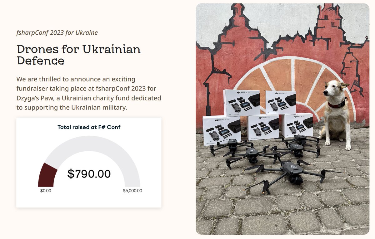Thanks to everyone who has contributed to our fundraiser for Ukrainian defence so far! With <a href="/dzygaspaw/">Dzyga's Paw</a>, your contribution will have a direct effect.  You can join here: dzygaspaw.com/fsharpconf-202…