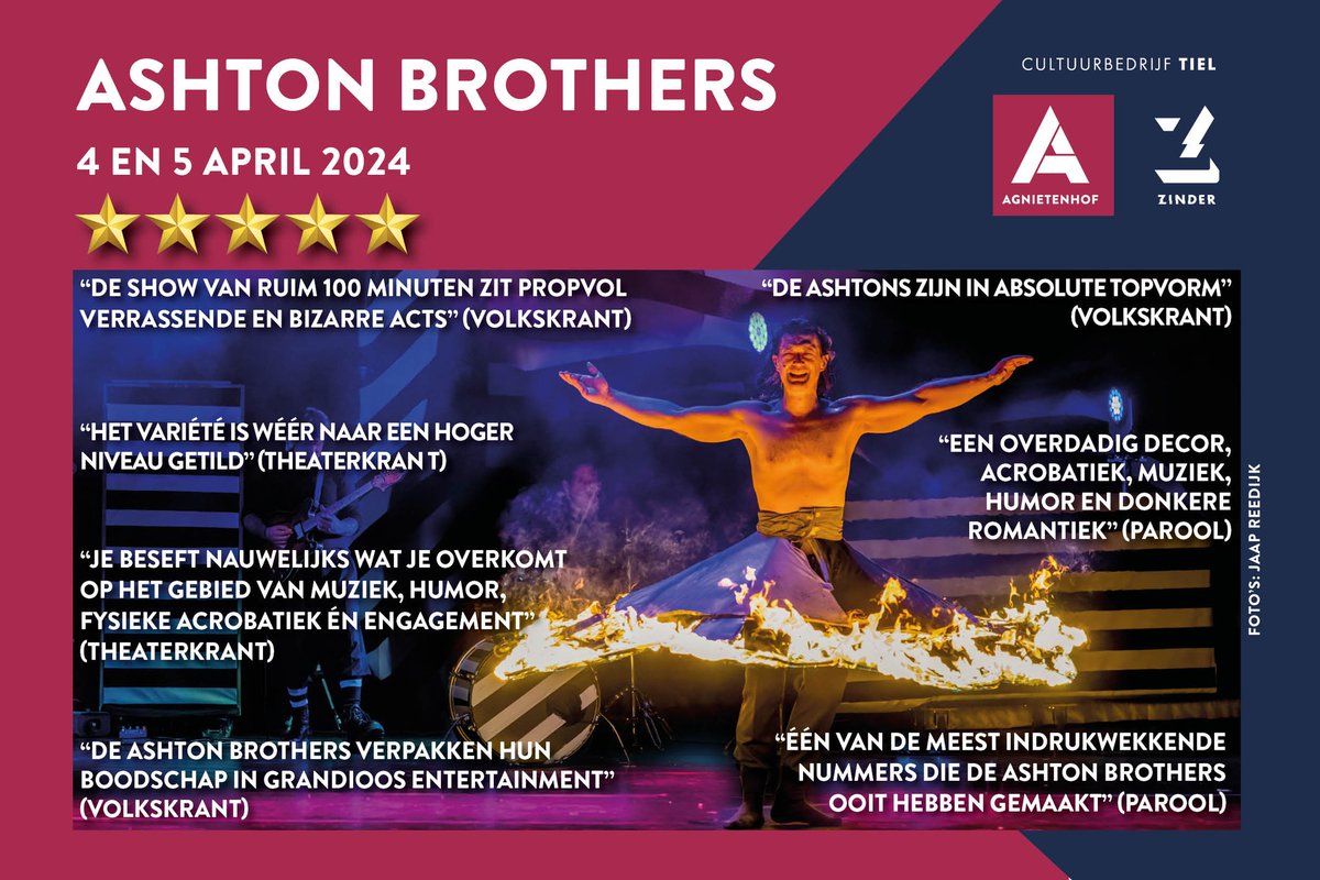 Hoppa! Na het jubelen dit weekend door Theaterkrant en Parool, doet de Volkskrant er vandaag een grote schep bovenop met de volle 5(!) ⭐️⭐️⭐️⭐️⭐️ voor de nieuwe show Brothers. Gefeliciteerd @ashtonbrothers!
Donderdag 4 en vrijdag 5 april 2024 bij ons. Dat wordt genieten!
