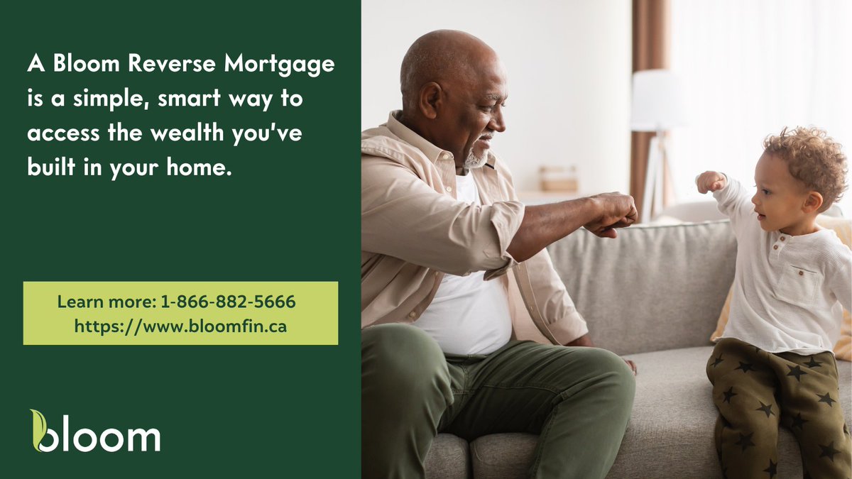 A reverse mortgage is a simple, smart way to access the wealth you’ve built in your home. Access up to 55% of the value of your home, while continuing to own 100% of your home. 

Unlock your wealth: 1-866-882-5666 or visit welcome.bloomfin.ca 

#reversemortgage #homeequity