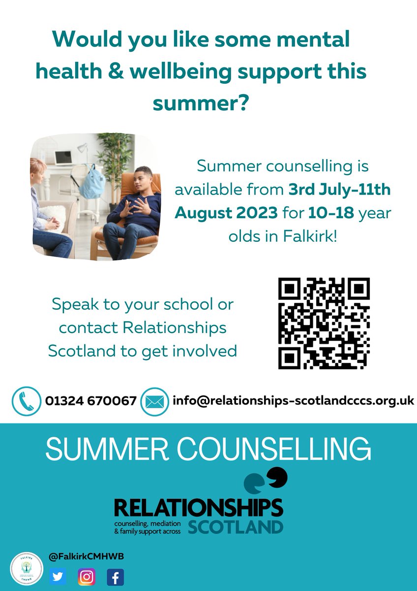 Falkirk Community Mental Health & Wellbeing (@falkirkcmhwb) on Twitter photo 🌈 Summer Counselling 2023 🌈
Counselling sessions with <a href="/RelScot/">Relationships Scot</a> are available to support young people aged 10-18 in Falkirk this summer!
To get involved, or make a referral, you can contact Relationships Scotland using the details below 👇
#FalkirkCMHWB 🌈 Summer Counselling 2023 🌈
Counselling sessions with <a href="/RelScot/">Relationships Scot</a> are available to support young people aged 10-18 in Falkirk this summer!
To get involved, or make a referral, you can contact Relationships Scotland using the details below 👇
#FalkirkCMHWB