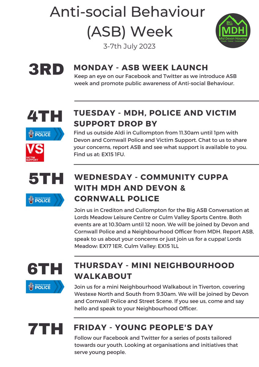 It's Anti-social Behaviour (ASB) week next week! We've got lots planned with @DC_Police, @VictimSupport and our Street Scene team here at Mid Devon District Council who deal with fly tipping, abandoned vehicles, graffiti and lots more. See you next week! #ASBAwarenessWeek