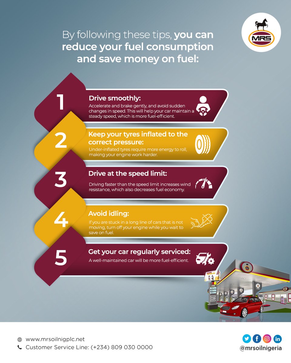 Start the week off right by driving more efficiently. Here are some tips to improve your fuel efficiency: maintain your car, drive smoothly, drive at the speed limit, keep your tyres inflated, and avoid idling.

Enjoy the rest of your week.
#fuelefficiency
#mrsoilnigeriaplc