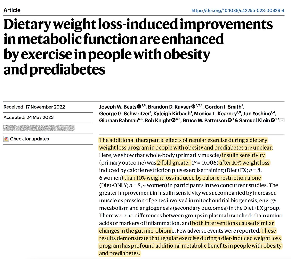 New evidence underscoring the importance of exercise, take note:
"These results demonstrate that regular exercise during a diet-induced weight loss program has profound additional metabolic benefits in people with obesity and prediabetes."
nature.com/articles/s4225… <a href="/NatMetabolism/">Nature Metabolism</a>