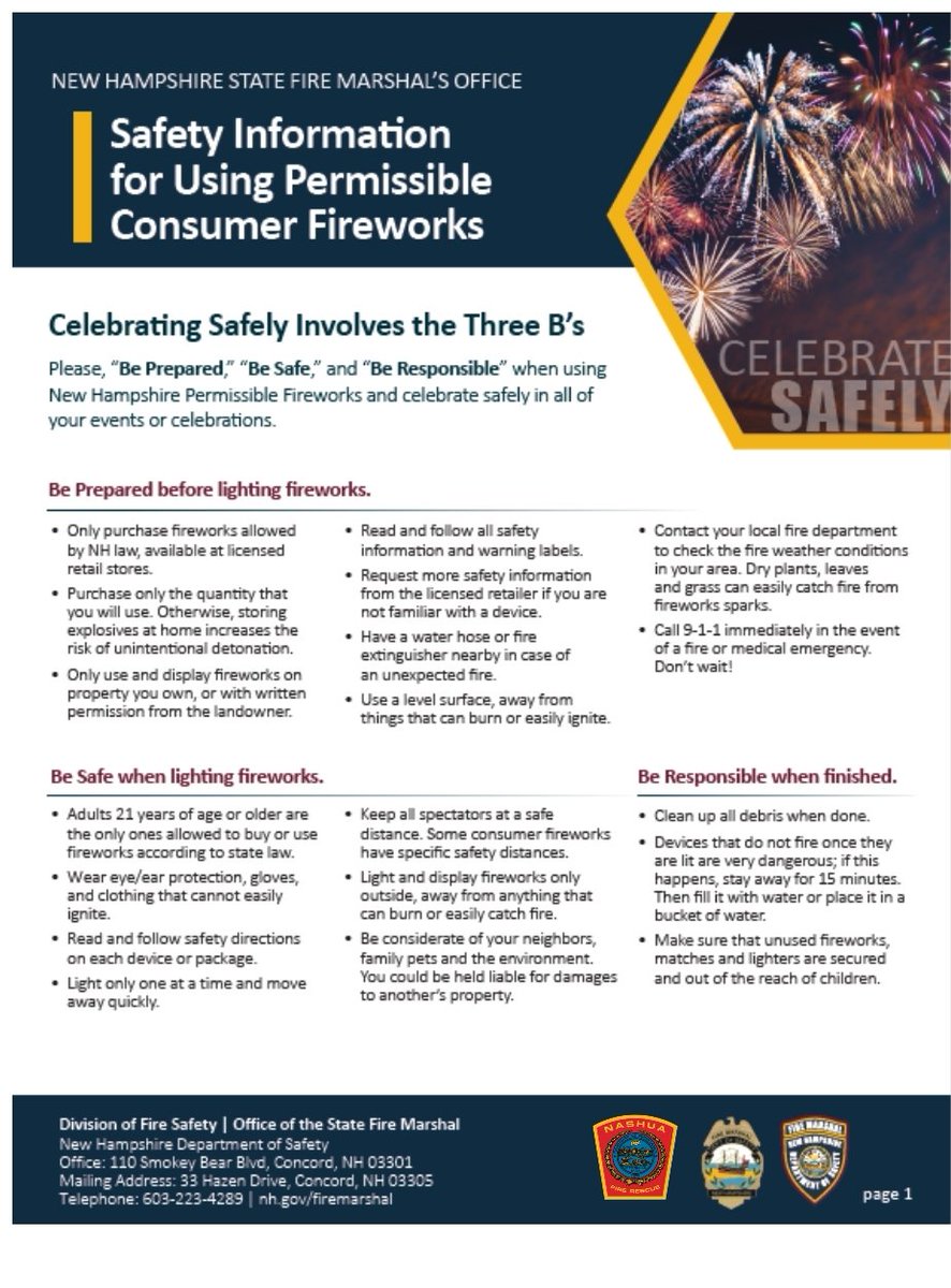 nashuafire's tweet photo. As we approach summer and the 4th of July, please..."Be Prepared, Be Safe, and Be
Responsible. "  Attend public fireworks displays and leave the lighting to the professionals. https://t.co/j5cP52V8hp