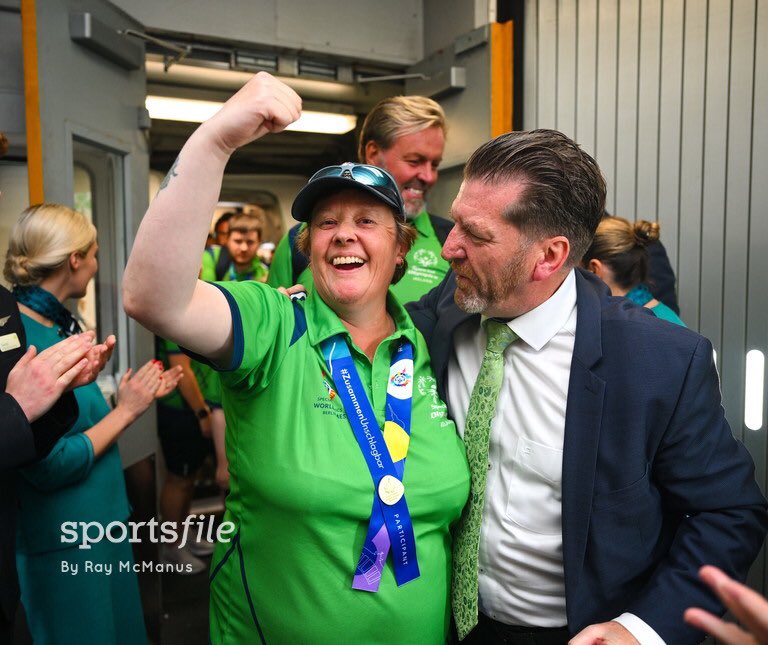 In the driving seat!!! 😜 Team Ireland's Jackie Stewart, a member of Down Special Olympics Club, from Downpatrick, Down, is greeted by Matt English, CEO of Special Olympics Ireland, at Dublin Airport on the team's return from the World Special Olympic Games in Berlin #TeamIreland