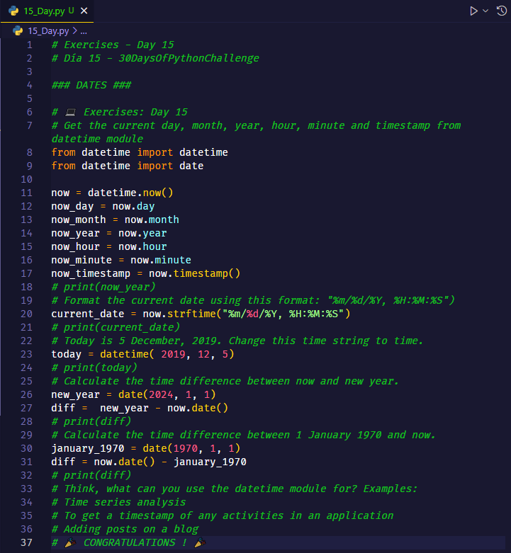 PitterPJC's tweet photo. # Exercises - Day 15
#Day15 - #30DaysOfPythonChallenge

### DATES ###

# 💻 Exercises: Day 15 https://t.co/RPW3k5609w