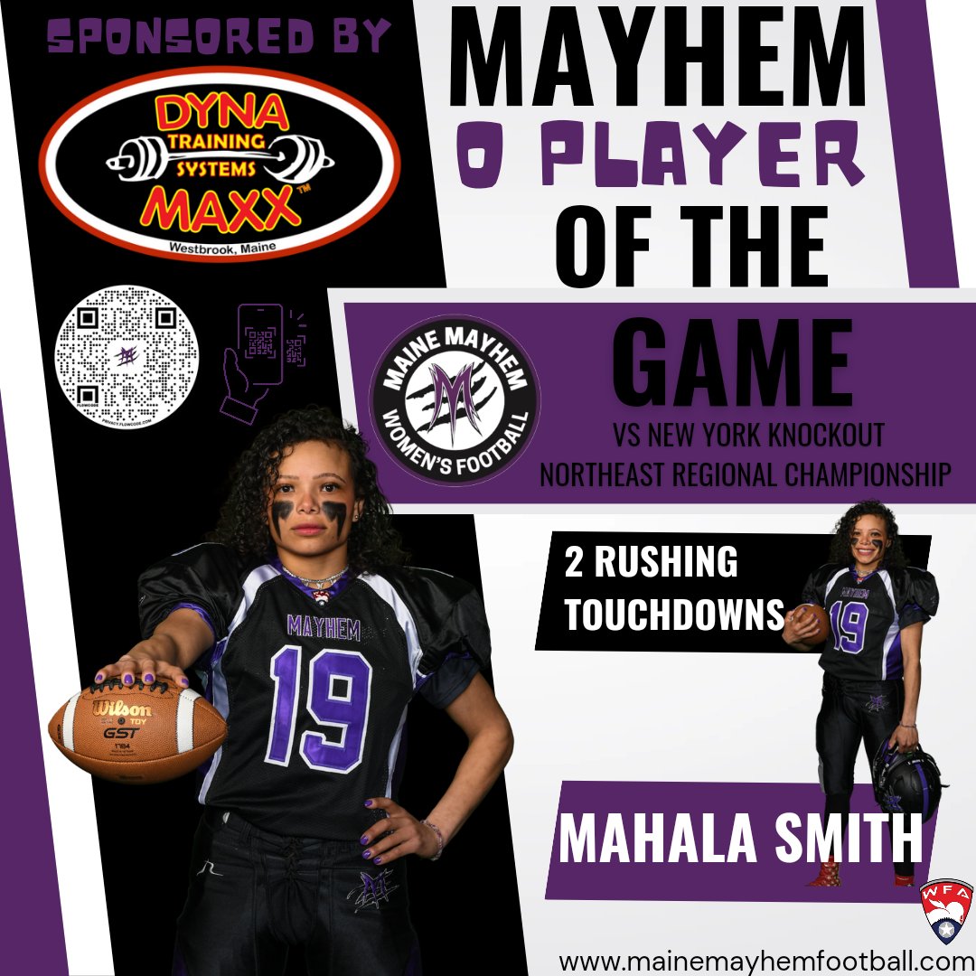 MaineMayhemFB's tweet photo. Happy Championship Monday Mayhem brought to you by our Gold Sponsor, Dyna Maxx Gym! Time to get Pumped up!
Offensive Player of the Game goes to Mahala Smith for scoring 2 TDs!
#wfafootball #RoadToCanton2023 #PlayoffPush #wfaplayoffs #WFAStrong #womenstacklefootball #Maine https://t.co/3pzs2yyGWl