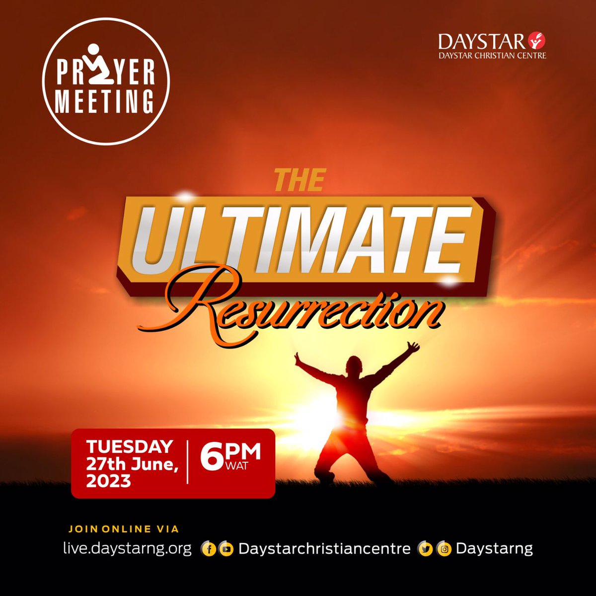 DaystarNG's tweet photo. Prayer, the key that unlocks the extraordinary!
Join us tomorrow, Tuesday, June 27th, at 6 p.m. (WAT) as we unite in powerful prayer to align our earthly goals with God's divine purposes for us. #UltimateResurrection! π
Don't miss it!β°
#DaystarPrays #DaystarNG https://t.co/nMpdAOixDK