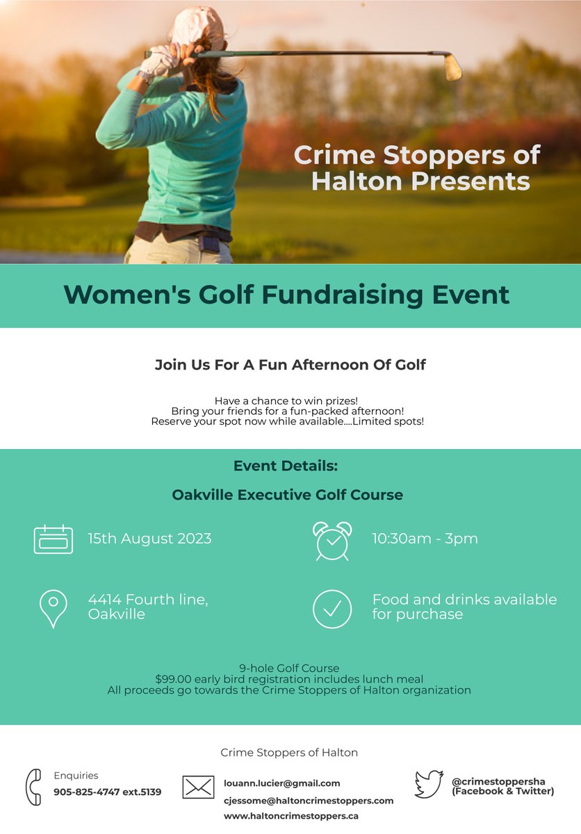 crimestoppersha's tweet photo. Women's Golf - Crime Stoppers Fundraiser!  Join us on August 15th for only $99, you can enjoy 9-holes and lunch at the Oakville Executive Golf Course. All proceeds go to Crime Stoppers of Halton. For ticket and sponsorship inquiries, email: cjessome@haltoncrimestoppers.ca https://t.co/J6LqESaRQ8