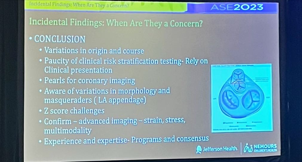 Excellent talk on coronary artery incidental findings by @shubhi_srivas 🥰 at the #ASE2023 🔑 points: 🫀Clinical risk stratification is challenging 🫀Confirmation with other imaging modalities is needed 🫀Be aware of morphological variations/masqueraders @ASE360 @SOPedsEcho