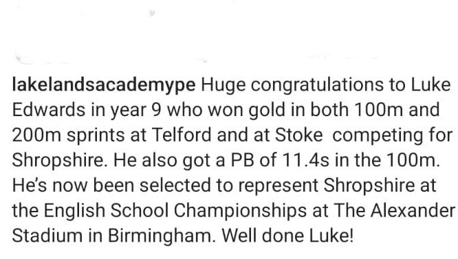 VisitELLESMERE's tweet photo. An awesome effort by @LakelandsAcad U15 #athlete Luke Edwards who will be representing #Shropshire in @EnglandAthletic School Championships this weekend in the 100m  #yougotthis 
#Ellesmere @Telford_AC @SchoolAthletics @AthleticsWeekly #running #sprinting @SueAustin_Star #Sport https://t.co/mpLlutZuOs