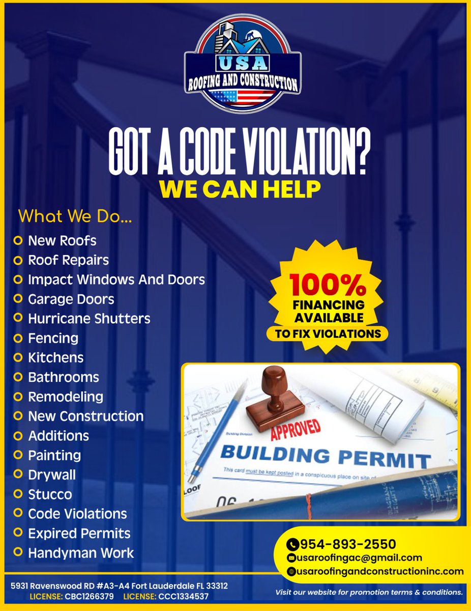 USA_ROOFING_AC's tweet photo. Construction Permits!!
Need a permit? Have your own crew? Have Code Violation Issues? We are a licensed Building General Contractor.
Call us today for a free estimate.
#JohnCollins #CardiB #Jesse #codeviolators #dennisrodman #Krakow https://t.co/XWiR9DRSYf